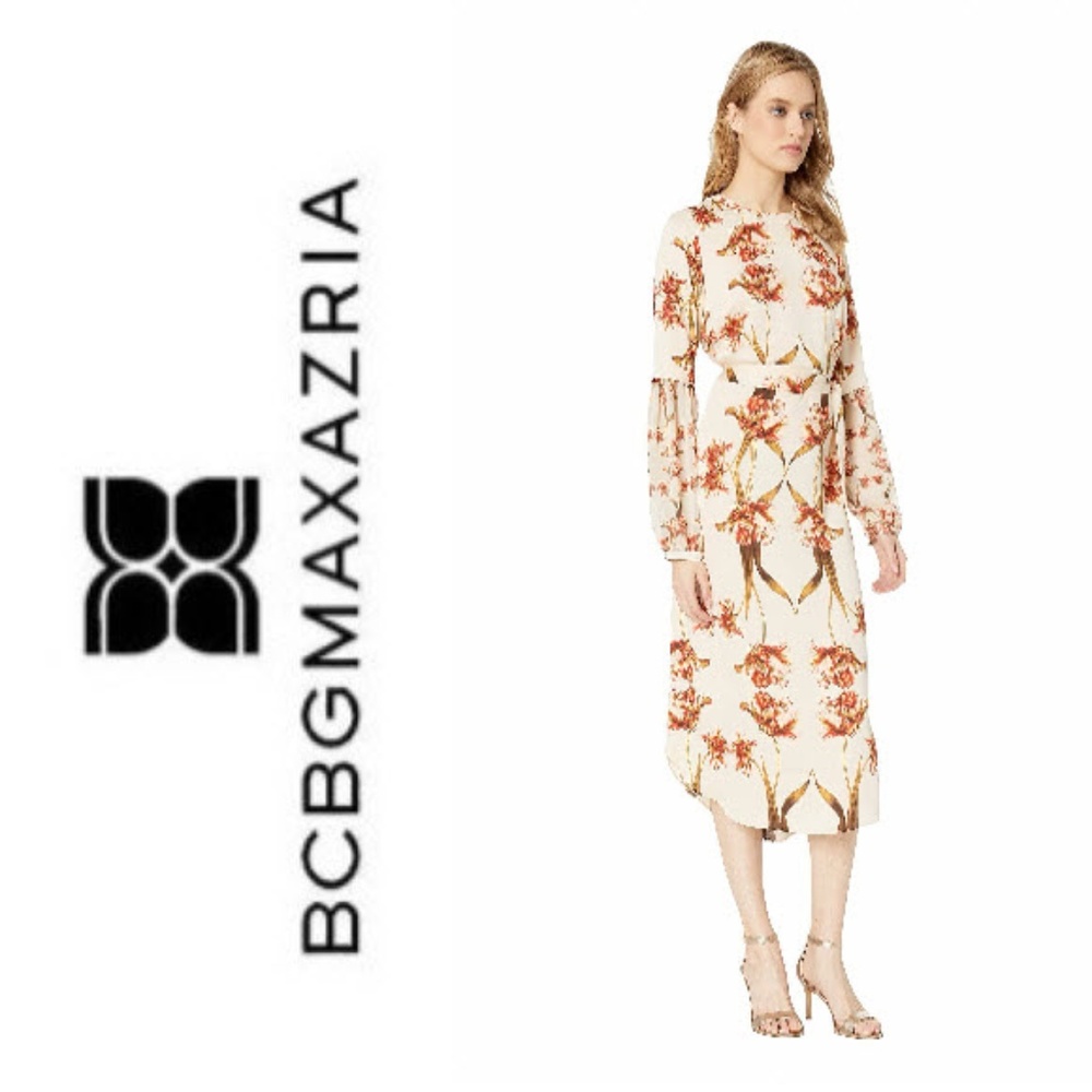 BCBGMaxAzria Cream and Orange Floral Midi Dress